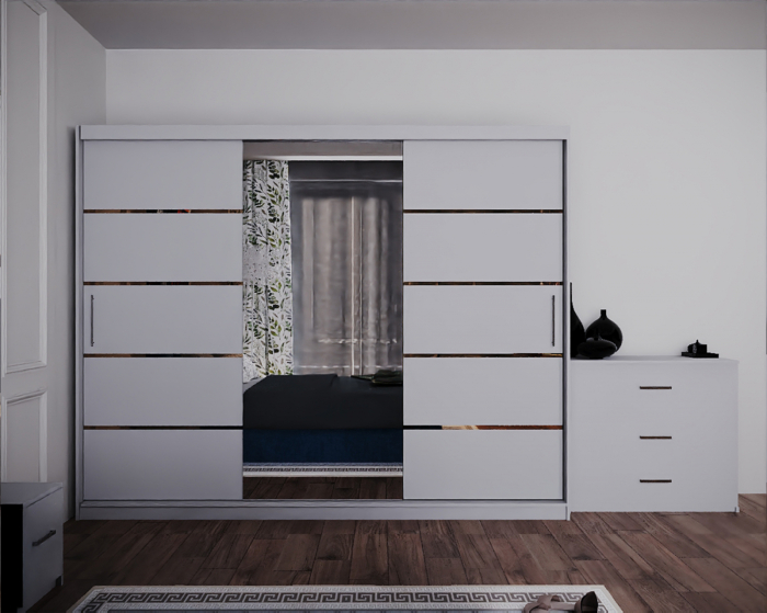 Dormitor Regal cu Pat Tapitat Stofa Albastra cu dulap 250*200 usi glisante Alb cu Oglinda, noptiere si comoda [3]