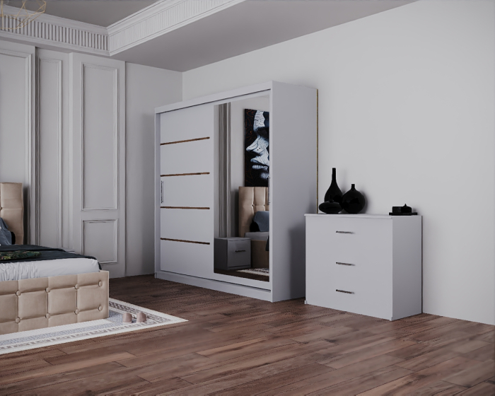 Dormitor Regal cu Pat Tapitat Stofa Bej cu dulap 200*200 usi glisante Alb cu Oglinda, noptiere si comoda [5]