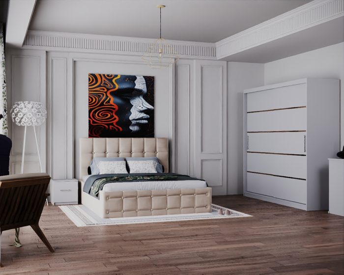 Dormitor Regal cu Pat Tapitat Stofa Bej cu dulap 200*200 usi glisante Alb, noptiere si comoda [2]