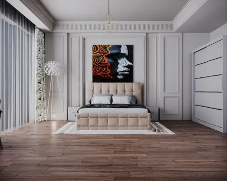 Dormitor Regal cu Pat Tapitat Stofa Bej cu dulap 200*200 usi glisante Alb, noptiere si comoda [1]