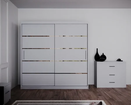 Dormitor Regal cu Pat Tapitat Stofa Bej cu dulap 200*200 usi glisante Alb, noptiere si comoda [3]