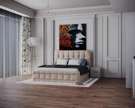 Dormitor Regal cu Pat Tapitat Stofa Bej cu dulap 200*200 usi glisante Alb, noptiere si comoda [4]