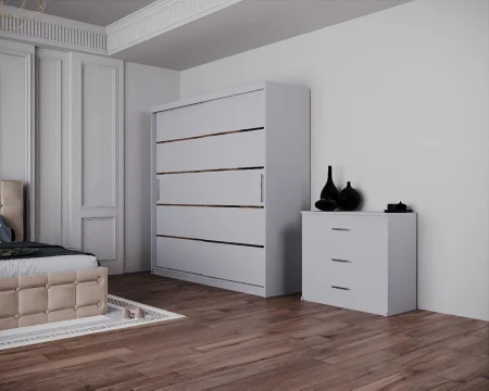 Dormitor Regal cu Pat Tapitat Stofa Bej cu dulap 200*200 usi glisante Alb, noptiere si comoda [5]