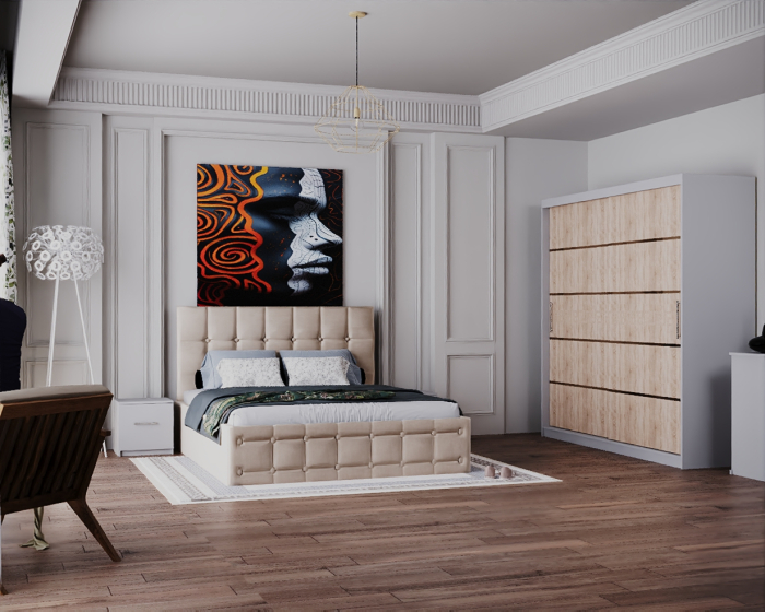 Dormitor Regal cu Pat Tapitat Stofa Bej cu dulap 200*200 usi glisante Sonoma&Alb, noptiere si comoda [2]