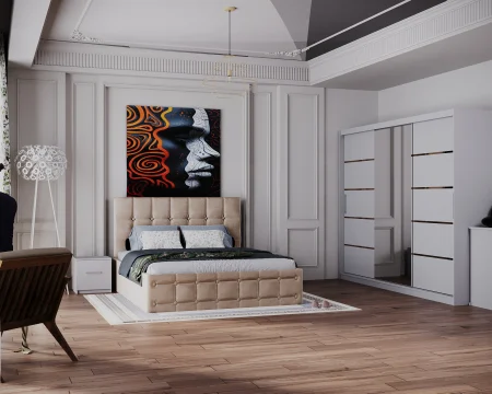 Dormitor Regal cu Pat Tapitat Stofa Bej cu dulap 250*200 usi glisante Alb cu Oglinda, noptiere si comoda [1]
