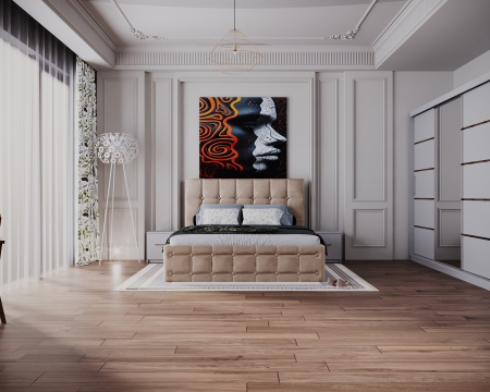 Dormitor Regal cu Pat Tapitat Stofa Bej cu dulap 250*200 usi glisante Alb cu Oglinda, noptiere si comoda [2]