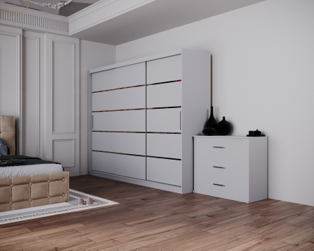 Dormitor Regal cu Pat Tapitat Stofa Bej cu dulap 250*200 usi glisante Alb, noptiere si comoda [4]