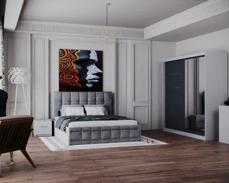 Dormitor Regal cu Pat Tapitat Stofa Gri cu dulap 200*200 usi glisante Alb&Antracit cu Oglinda, noptiere si comoda [2]