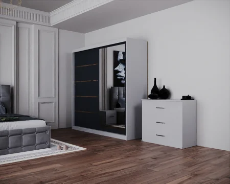 Dormitor Regal cu Pat Tapitat Stofa Gri cu dulap 200*200 usi glisante Alb&Antracit cu Oglinda, noptiere si comoda [5]