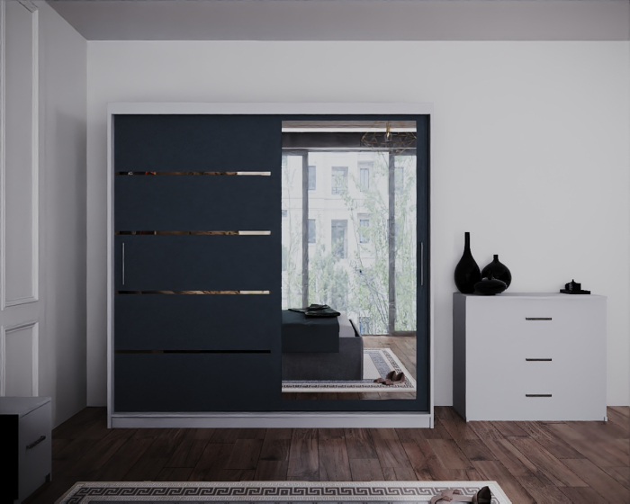 Dormitor Regal cu Pat Tapitat Stofa Gri cu dulap 200*200 usi glisante Alb&Antracit cu Oglinda, noptiere si comoda [3]