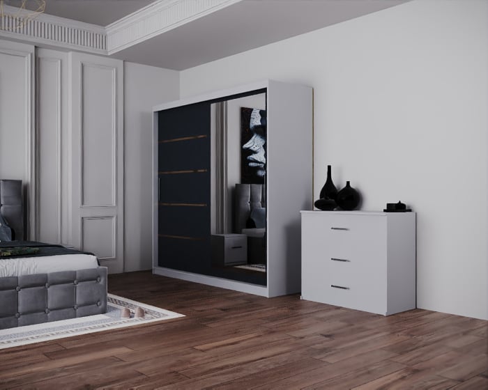 Dormitor Regal cu Pat Tapitat Stofa Gri cu dulap 200*200 usi glisante Alb&Antracit cu Oglinda, noptiere si comoda [5]