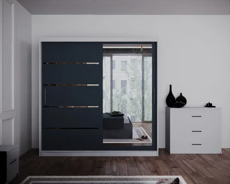 Dormitor Regal cu Pat Tapitat Stofa Gri cu dulap 200*200 usi glisante Alb&Antracit cu Oglinda, noptiere si comoda [3]