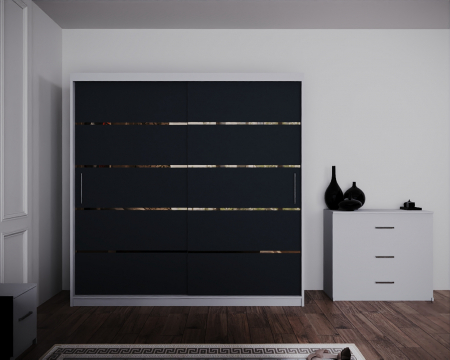 Dormitor Regal cu Pat Tapitat Stofa Gri cu dulap 200*200 usi glisante Alb&Antracit, noptiere si comoda [3]