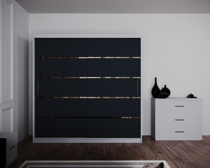 Dormitor Regal cu Pat Tapitat Stofa Gri cu dulap 200*200 usi glisante Alb&Antracit, noptiere si comoda [3]