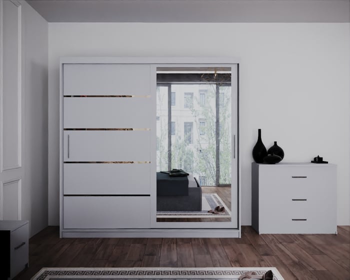 Dormitor Regal cu Pat Tapitat Stofa Gri cu dulap 200*200 usi glisante Alb cu Oglinda, noptiere si comoda [3]