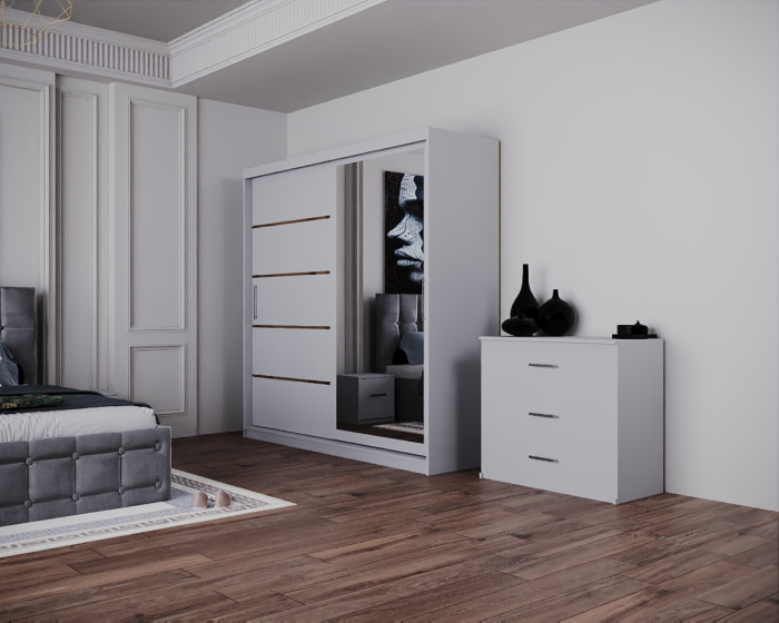 Dormitor Regal cu Pat Tapitat Stofa Gri cu dulap 200*200 usi glisante Alb cu Oglinda, noptiere si comoda [5]