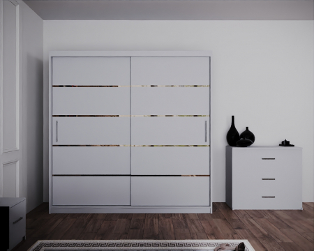 Dormitor Regal cu Pat Tapitat Stofa Gri cu dulap 200*200 usi glisante Alb, noptiere si comoda [3]