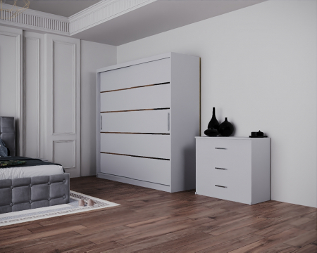 Dormitor Regal cu Pat Tapitat Stofa Gri cu dulap 200*200 usi glisante Alb, noptiere si comoda [5]