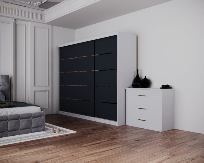 Dormitor Regal cu Pat Tapitat Stofa Gri cu dulap 250*200 usi glisante Alb&Antracit, noptiere si comoda [5]