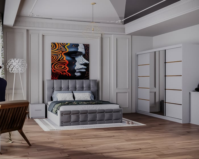 Dormitor Regal cu Pat Tapitat Stofa Gri cu dulap 250*200 usi glisante Alb cu Oglinda, noptiere si comoda [2]