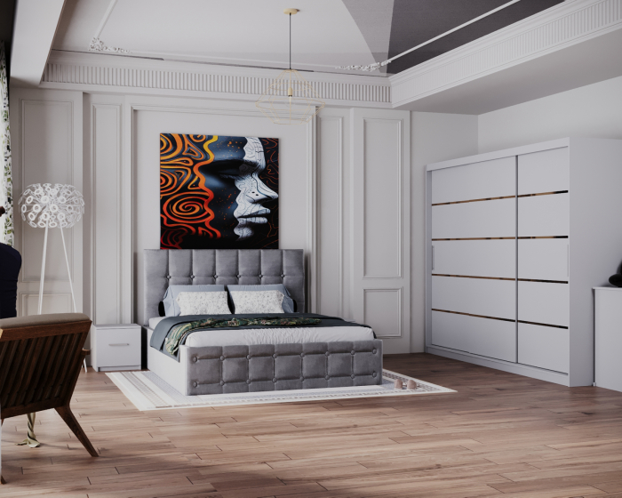 Dormitor Regal cu Pat Tapitat Stofa Gri cu dulap 250*200 usi glisante Alb , noptiere si comoda [4]