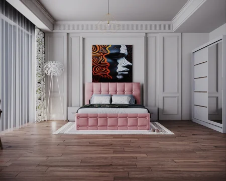 Dormitor Regal cu Pat Tapitat Stofa Roz cu dulap 200*200 usi glisante Alb cu Oglinda, noptiere si comoda [1]