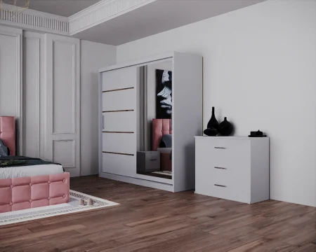 Dormitor Regal cu Pat Tapitat Stofa Roz cu dulap 200*200 usi glisante Alb cu Oglinda, noptiere si comoda [5]