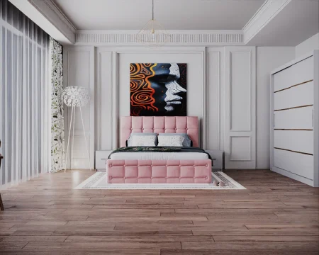 Dormitor Regal cu Pat Tapitat Stofa Roz cu dulap 200*200 usi glisante Sonoma&Alb, noptiere si comoda [1]