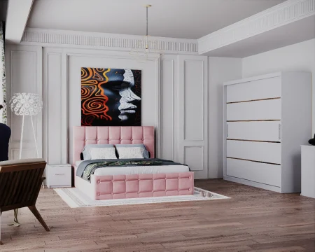 Dormitor Regal cu Pat Tapitat Stofa Roz cu dulap 200*200 usi glisante Sonoma&Alb, noptiere si comoda [2]
