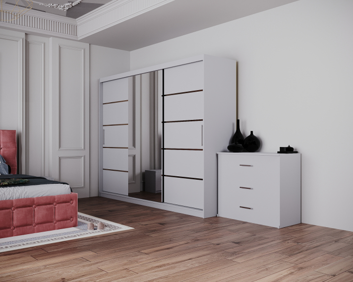 Dormitor Regal cu Pat Tapitat Stofa Roz cu dulap 250*200 usi glisante Alb cu Oglinda, noptiere si comoda [5]