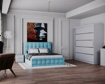 Dormitor Regal cu Pat Tapitat Stofa Turcoaz cu dulap 200*200 usi glisante Alb, noptiere si comoda [2]
