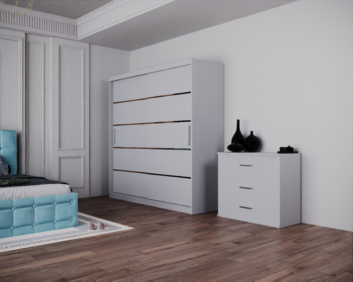 Dormitor Regal cu Pat Tapitat Stofa Turcoaz cu dulap 200*200 usi glisante Alb, noptiere si comoda [5]