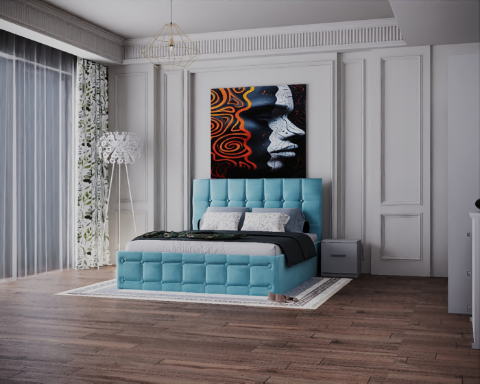 Dormitor Regal cu Pat Tapitat Stofa Turcoaz cu dulap 200*200 usi glisante Alb, noptiere si comoda [4]