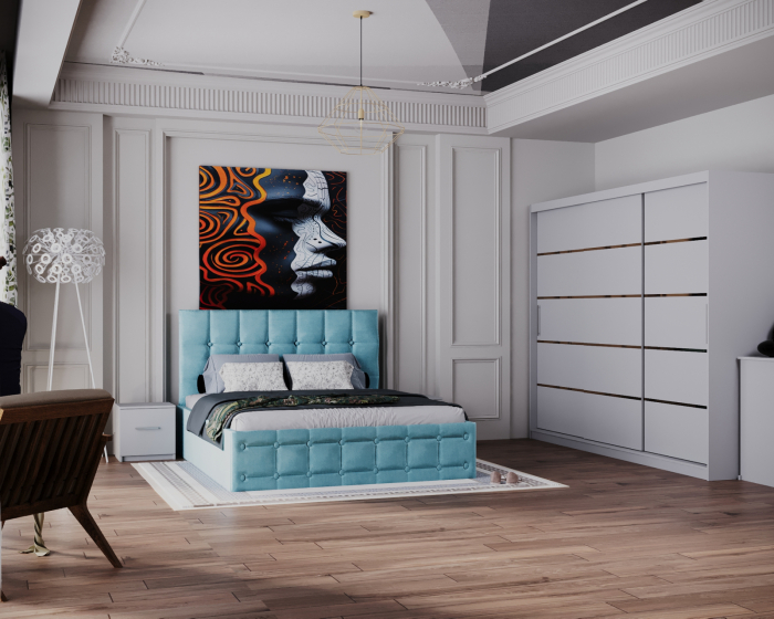 Dormitor Regal cu Pat Tapitat Stofa Turquaz cu dulap 250*200 usi glisante Alb, noptiere si comoda [2]