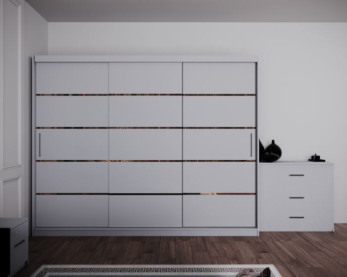 Dormitor Regal cu Pat Tapitat Stofa Turquaz cu dulap 250*200 usi glisante Alb, noptiere si comoda [5]