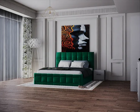 Dormitor Regal cu Pat Tapitat Stofa Verde cu dulap 200*200 usi glisante Alb&Antracit cu, noptiere si comoda [4]