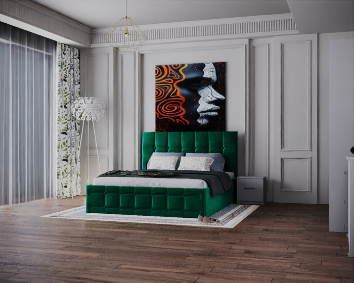 Dormitor Regal cu Pat Tapitat Stofa Verde cu dulap 200*200 usi glisante Alb&Antracit cu Oglinda, noptiere si comoda [4]