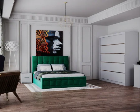 Dormitor Regal cu Pat Tapitat Stofa Verde cu dulap 200*200 usi glisante Alb cu, noptiere si comoda [2]