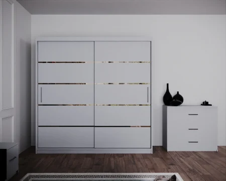 Dormitor Regal cu Pat Tapitat Stofa Verde cu dulap 200*200 usi glisante Alb cu, noptiere si comoda [3]