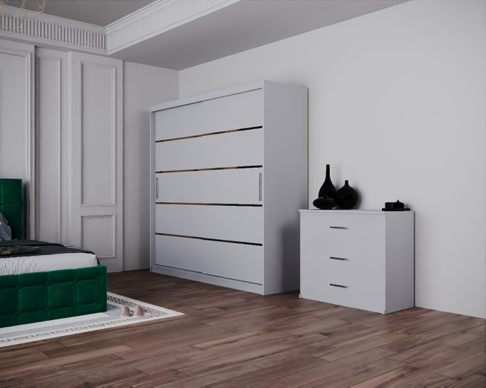 Dormitor Regal cu Pat Tapitat Stofa Verde cu dulap 200*200 usi glisante Alb cu, noptiere si comoda [5]