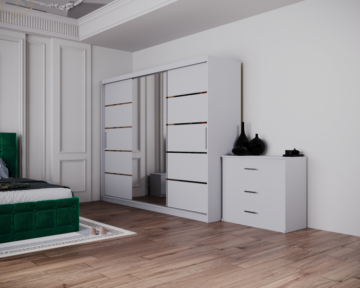 Dormitor Regal cu Pat Tapitat Stofa Verde cu dulap 250*200 usi glisante Alb cu Oglinda, noptiere si comoda [5]