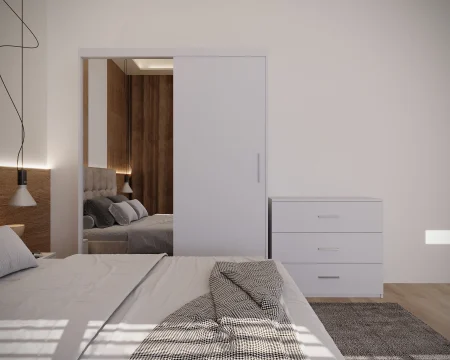 Dormitor Regal Tapitat Bej 2 Usi Alb cu Oglinda [5]