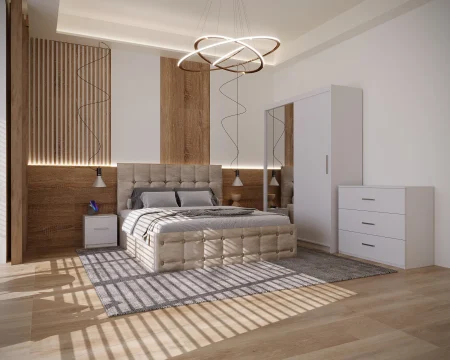 Dormitor Regal Tapitat Bej 2 Usi Alb cu Oglinda [2]