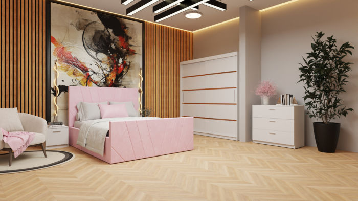 Dormitor Tony Tapitat 160x 200  Stofa Roz cu dulap 200*200 usi glisante Alb, noptiere si comoda [3]