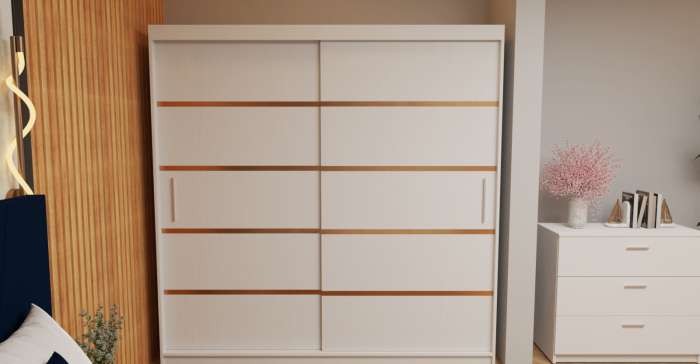 Dormitor Tony Tapitat Stofa Albastra cu dulap 200*200 usi glisante Alb, noptiere si comoda [2]