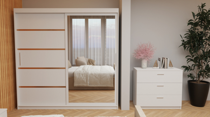 Dormitor Tony Tapitat Stofa Bej cu dulap 200*200 usi glisante Alb cu Oglinda, noptiere si comoda [3]