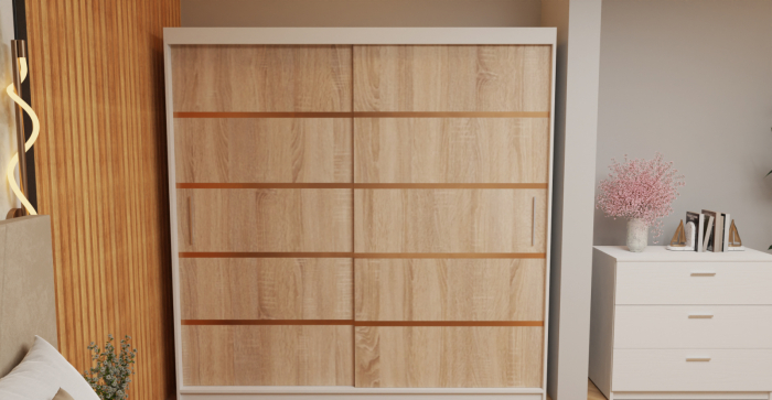 Dormitor Tony Tapitat Stofa Bej cu dulap 200*200 usi glisante Sonoma&Alb, noptiere si comoda [4]