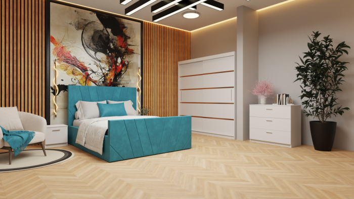 Dormitor Tony Tapitat Stofa Turcoaz cu dulap 200*200 usi glisante Alb, noptiere si comoda [2]