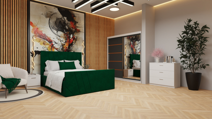 Dormitor Tony Tapitat Stofa Verde cu dulap 200*200 usi glisante Alb&Antracit cu Oglinda, noptiere si comoda [3]