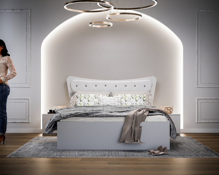 Dormitor Vista cu Pat Tapitat Alb cu dulap 200*200 usi glisante Alb cu Oglinda, noptiere si comoda [3]